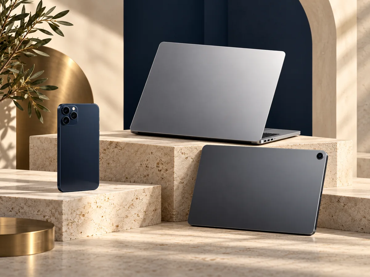 Smartphone, laptop and tablet displayed together